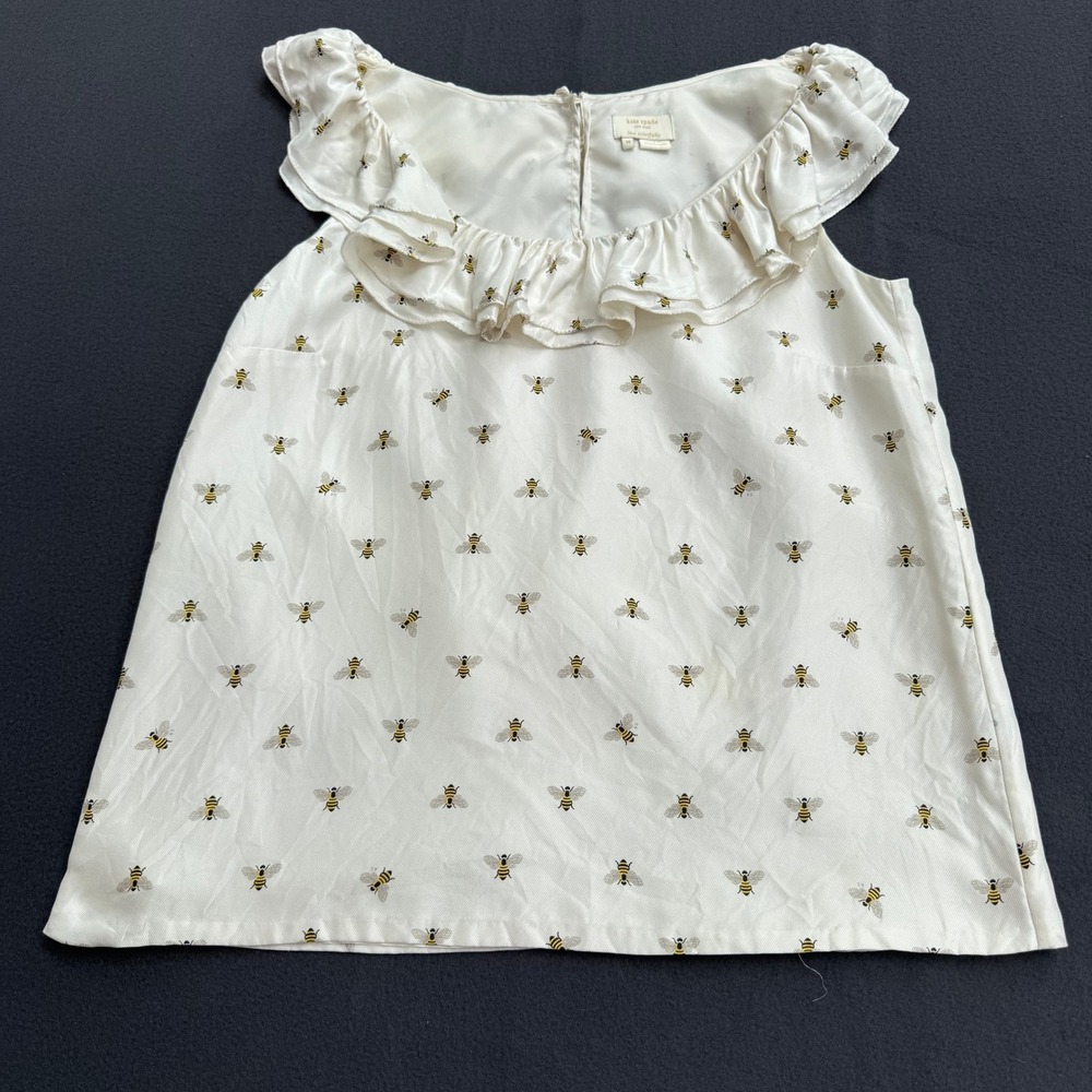Kate Spade New York Womens White Silk Bumble Bee Ruffle Neck Shell Blouse M